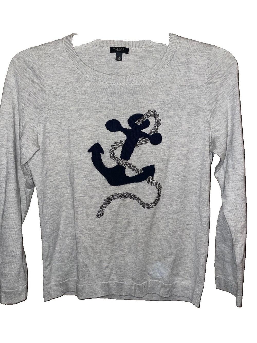 Talbots Sz Mp Lightweight Pullover Gray Nautical Anchor Sweater Beaded Rope